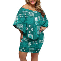Vintage Hawaiian Quilting Patterns Off Shoulder Short Dress Turquoise Style Tribal Fabric Patchwork LT9 Women Turquoise - Polynesian Pride