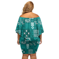 Vintage Hawaiian Quilting Patterns Off Shoulder Short Dress Turquoise Style Tribal Fabric Patchwork LT9 - Polynesian Pride