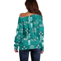 Vintage Hawaiian Quilting Patterns Off Shoulder Sweater Turquoise Style Tribal Fabric Patchwork LT9 - Polynesian Pride