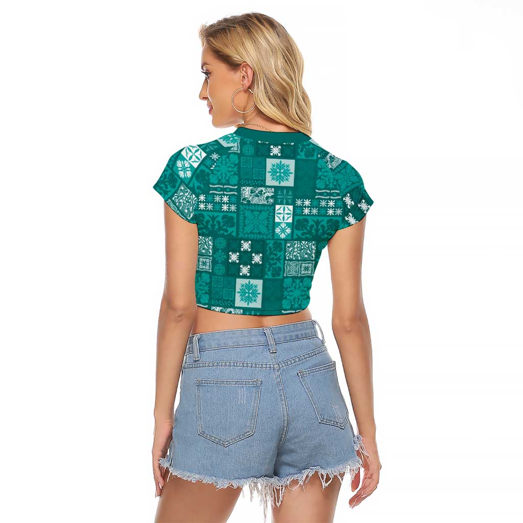 Vintage Hawaiian Quilting Patterns Raglan Cropped T Shirt Turquoise Style Tribal Fabric Patchwork LT9 - Polynesian Pride