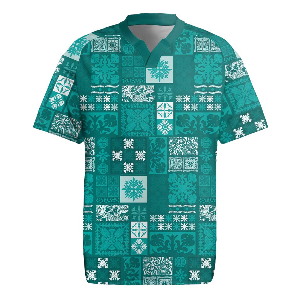 Vintage Hawaiian Quilting Patterns Rugby Jersey Turquoise Style Tribal Fabric Patchwork LT9 Turquoise - Polynesian Pride