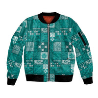 Vintage Hawaiian Quilting Patterns Sleeve Zip Bomber Jacket Turquoise Style Tribal Fabric Patchwork LT9 Unisex Turquoise - Polynesian Pride