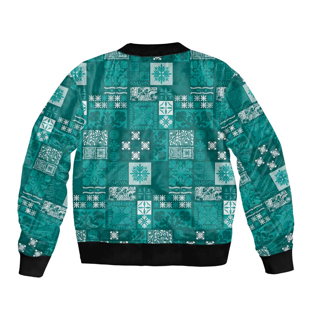 Vintage Hawaiian Quilting Patterns Sleeve Zip Bomber Jacket Turquoise Style Tribal Fabric Patchwork LT9 - Polynesian Pride