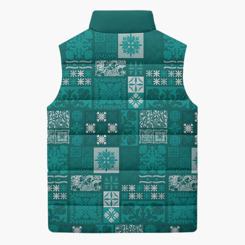 Vintage Hawaiian Quilting Patterns Sleeveless Puffer Jacket Turquoise Style Tribal Fabric Patchwork LT9 - Polynesian Pride
