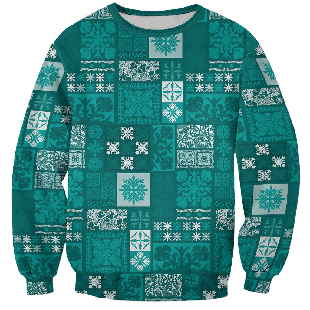 Vintage Hawaiian Quilting Patterns Sweatshirt Turquoise Style Tribal Fabric Patchwork LT9 Unisex Turquoise - Polynesian Pride