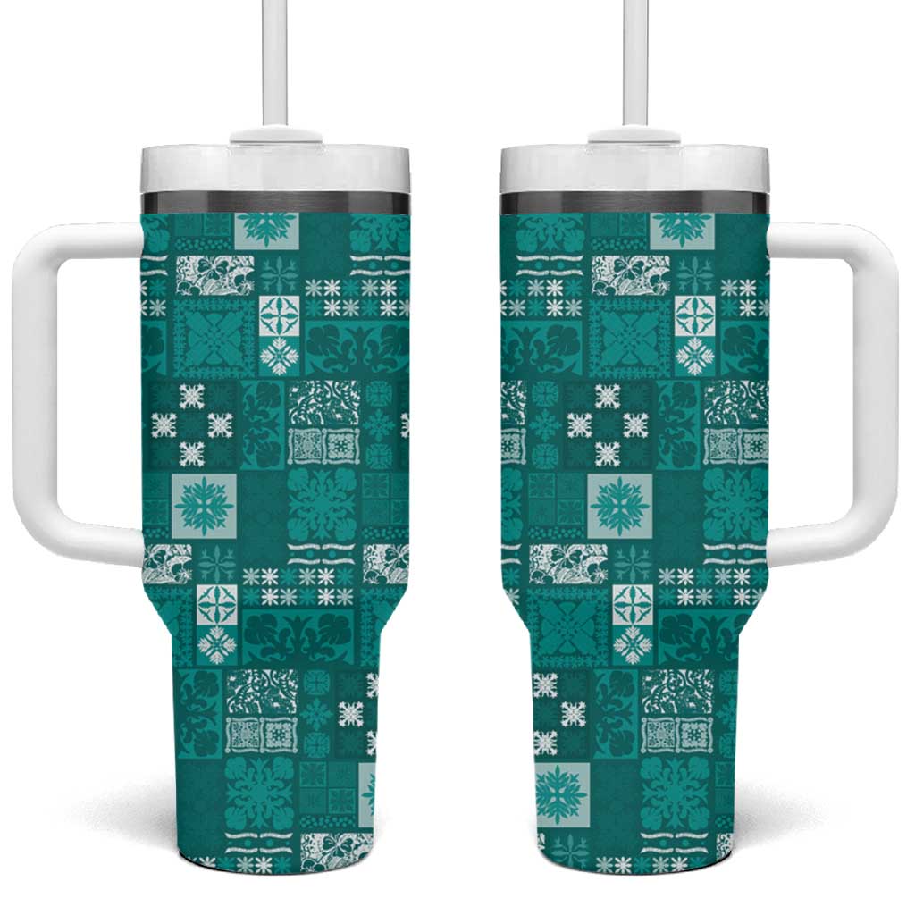 Vintage Hawaiian Quilting Patterns Tumbler With Handle Turquoise Style Tribal Fabric Patchwork LT9 One Size: 40 oz Turquoise - Polynesian Pride