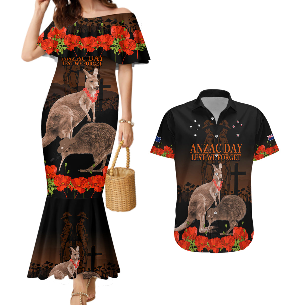 Kangaroo and Kiwi Bird ANZAC Day Custom Couples Matching Mermaid Dress and Hawaiian Shirt Soldier Style LT9 Black - Polynesian Pride