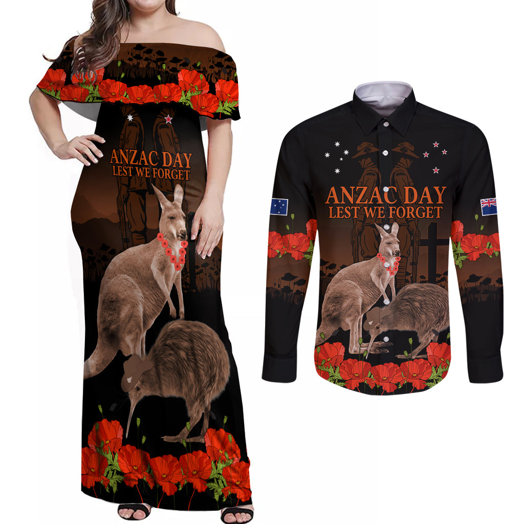 Kangaroo and Kiwi Bird ANZAC Day Custom Couples Matching Off Shoulder Maxi Dress and Long Sleeve Button Shirt Soldier Style LT9 Black - Polynesian Pride