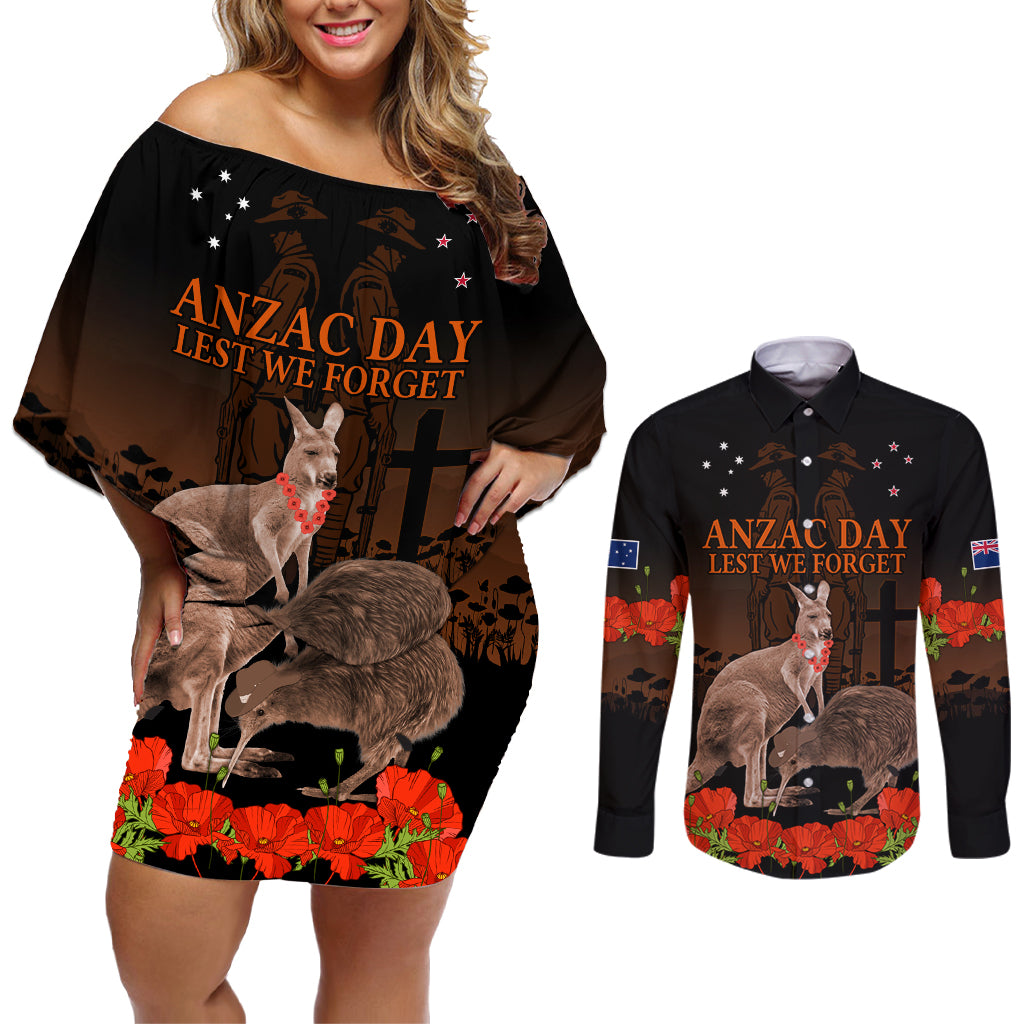 Kangaroo and Kiwi Bird ANZAC Day Custom Couples Matching Off Shoulder Short Dress and Long Sleeve Button Shirt Soldier Style LT9 Black - Polynesian Pride