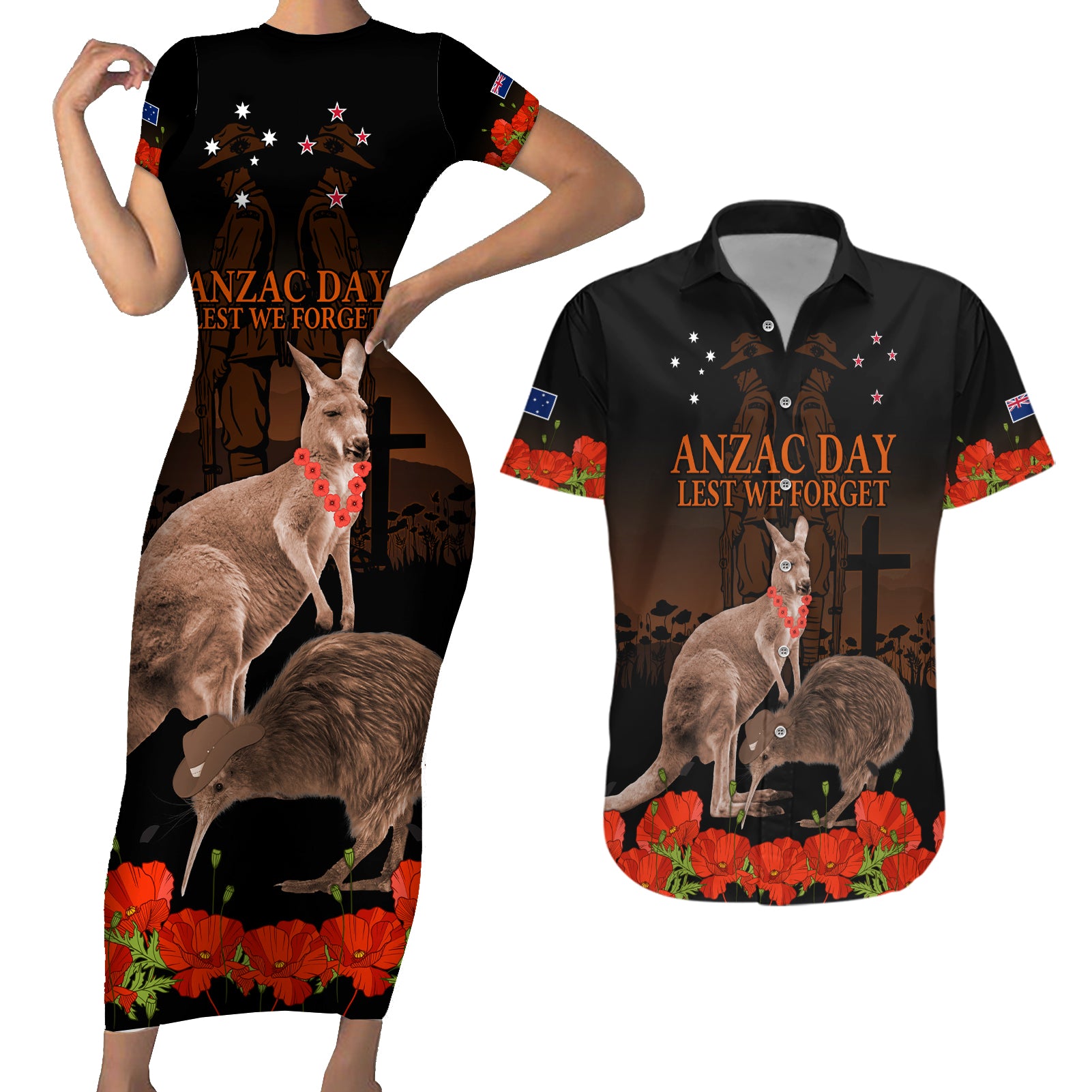 Kangaroo and Kiwi Bird ANZAC Day Custom Couples Matching Short Sleeve Bodycon Dress and Hawaiian Shirt Soldier Style LT9 Black - Polynesian Pride