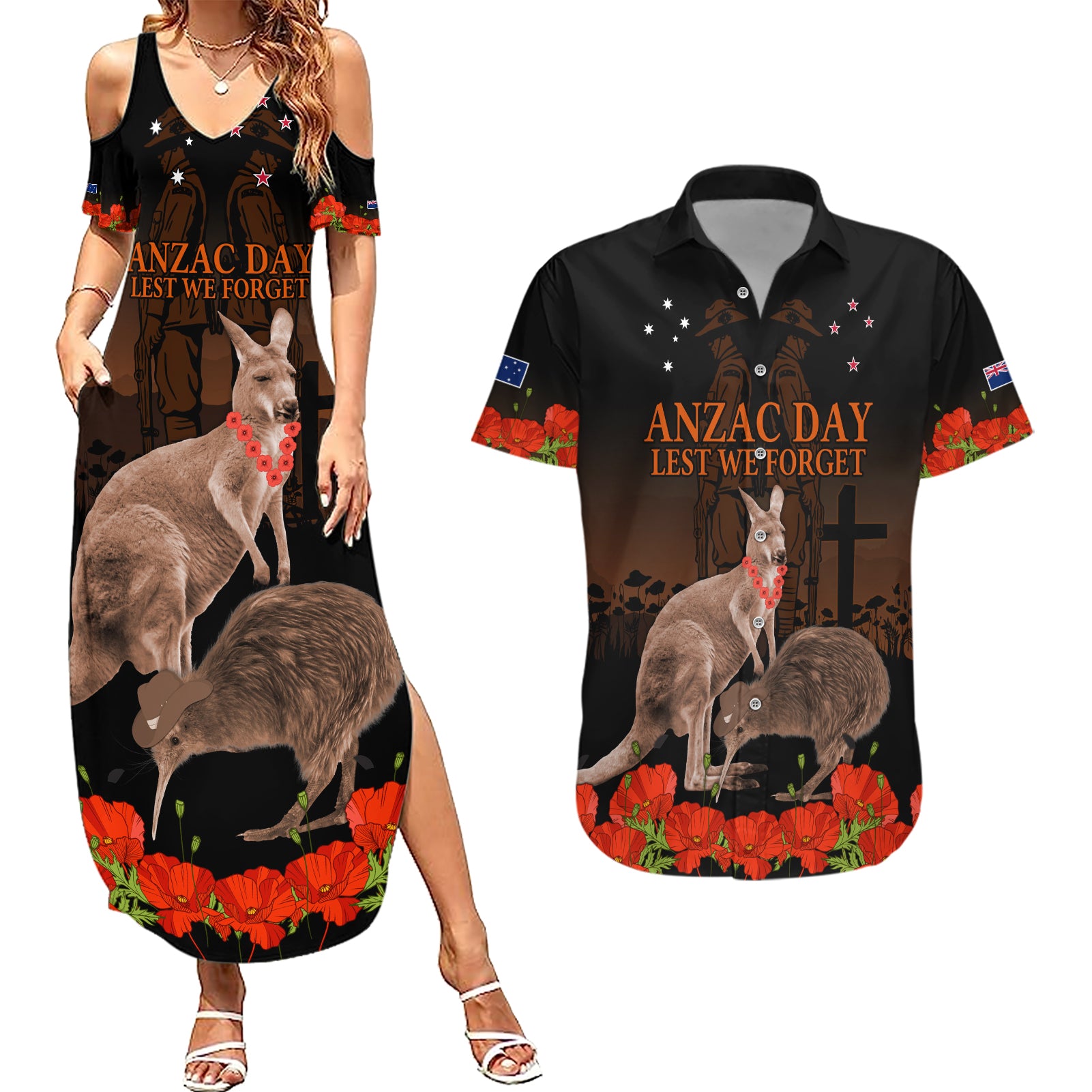 Kangaroo and Kiwi Bird ANZAC Day Custom Couples Matching Summer Maxi Dress and Hawaiian Shirt Soldier Style LT9 Black - Polynesian Pride