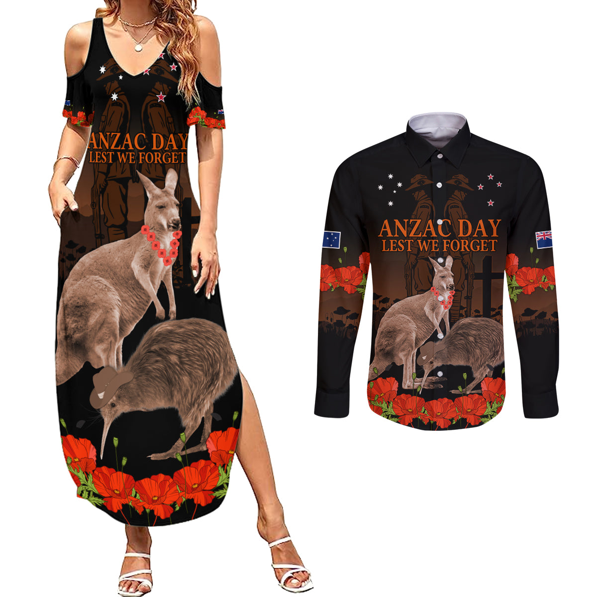 Kangaroo and Kiwi Bird ANZAC Day Custom Couples Matching Summer Maxi Dress and Long Sleeve Button Shirt Soldier Style LT9 Black - Polynesian Pride