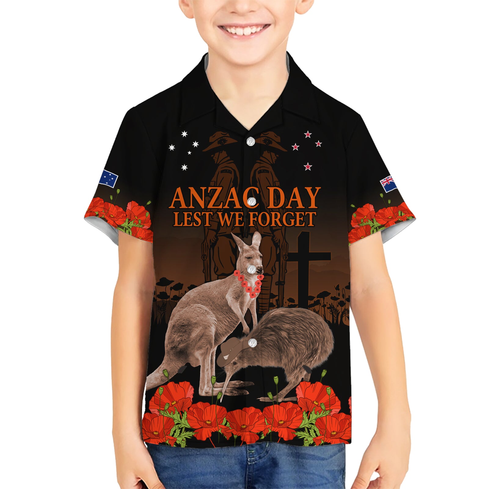 Kangaroo and Kiwi Bird ANZAC Day Custom Kid Hawaiian Shirt Soldier Style LT9 Kid Black - Polynesian Pride