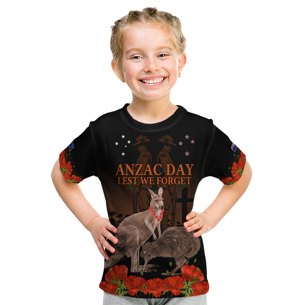 Kangaroo and Kiwi Bird ANZAC Day Custom Kid T Shirt Soldier Style LT9 Black - Polynesian Pride