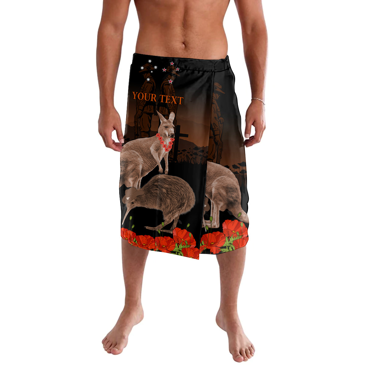 Kangaroo and Kiwi Bird ANZAC Day Custom Lavalava Soldier Style LT9 Black - Polynesian Pride