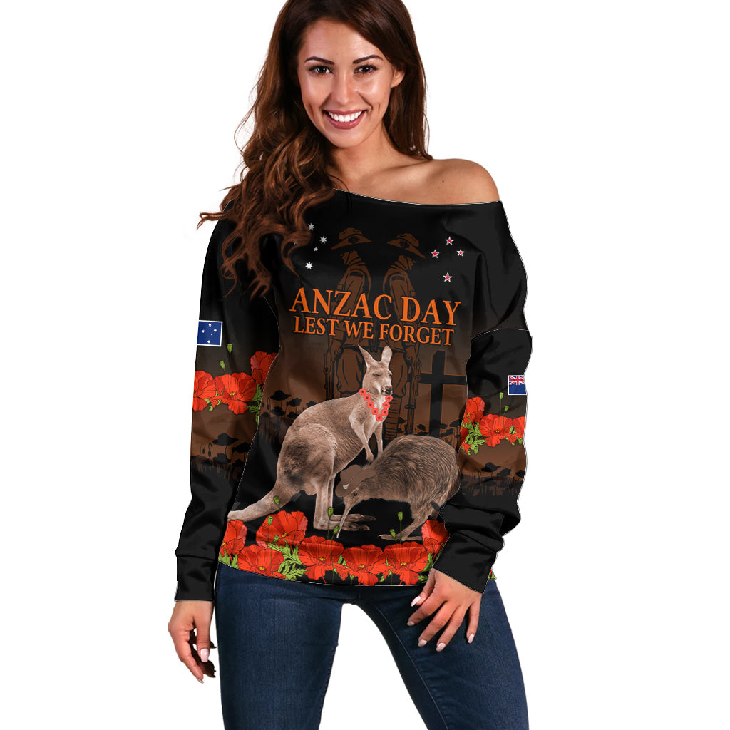 Kangaroo and Kiwi Bird ANZAC Day Custom Off Shoulder Sweater Soldier Style LT9 Women Black - Polynesian Pride