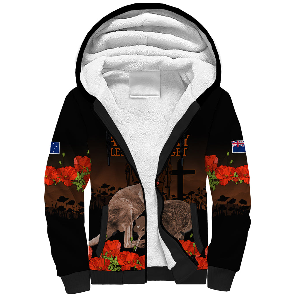 Kangaroo and Kiwi Bird ANZAC Day Custom Sherpa Hoodie Soldier Style LT9 Unisex Black - Polynesian Pride