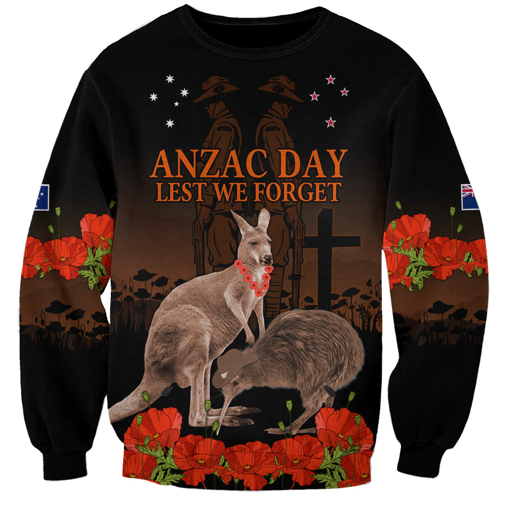 Kangaroo and Kiwi Bird ANZAC Day Custom Sweatshirt Soldier Style LT9 Unisex Black - Polynesian Pride