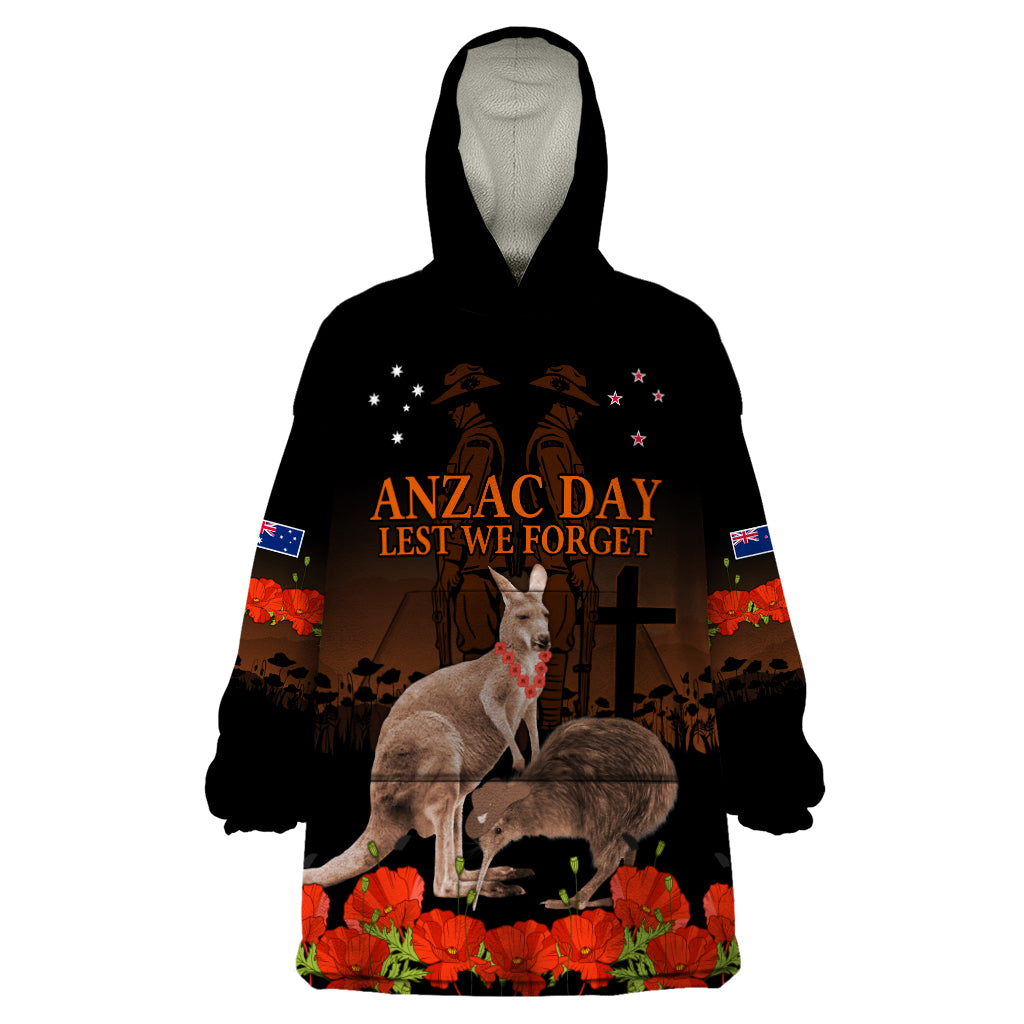 Kangaroo and Kiwi Bird ANZAC Day Custom Wearable Blanket Hoodie Soldier Style LT9 One Size Black - Polynesian Pride