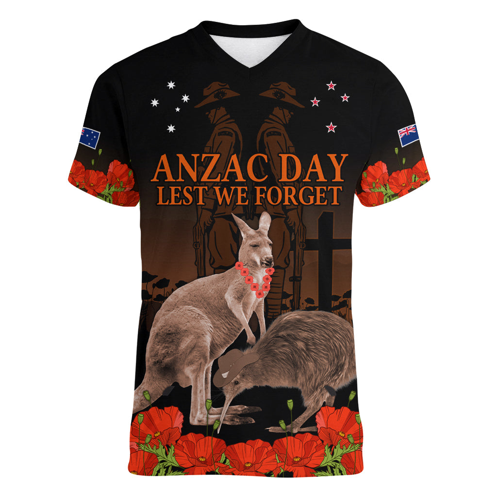 Kangaroo and Kiwi Bird ANZAC Day Custom Women V Neck T Shirt Soldier Style LT9 Female Black - Polynesian Pride