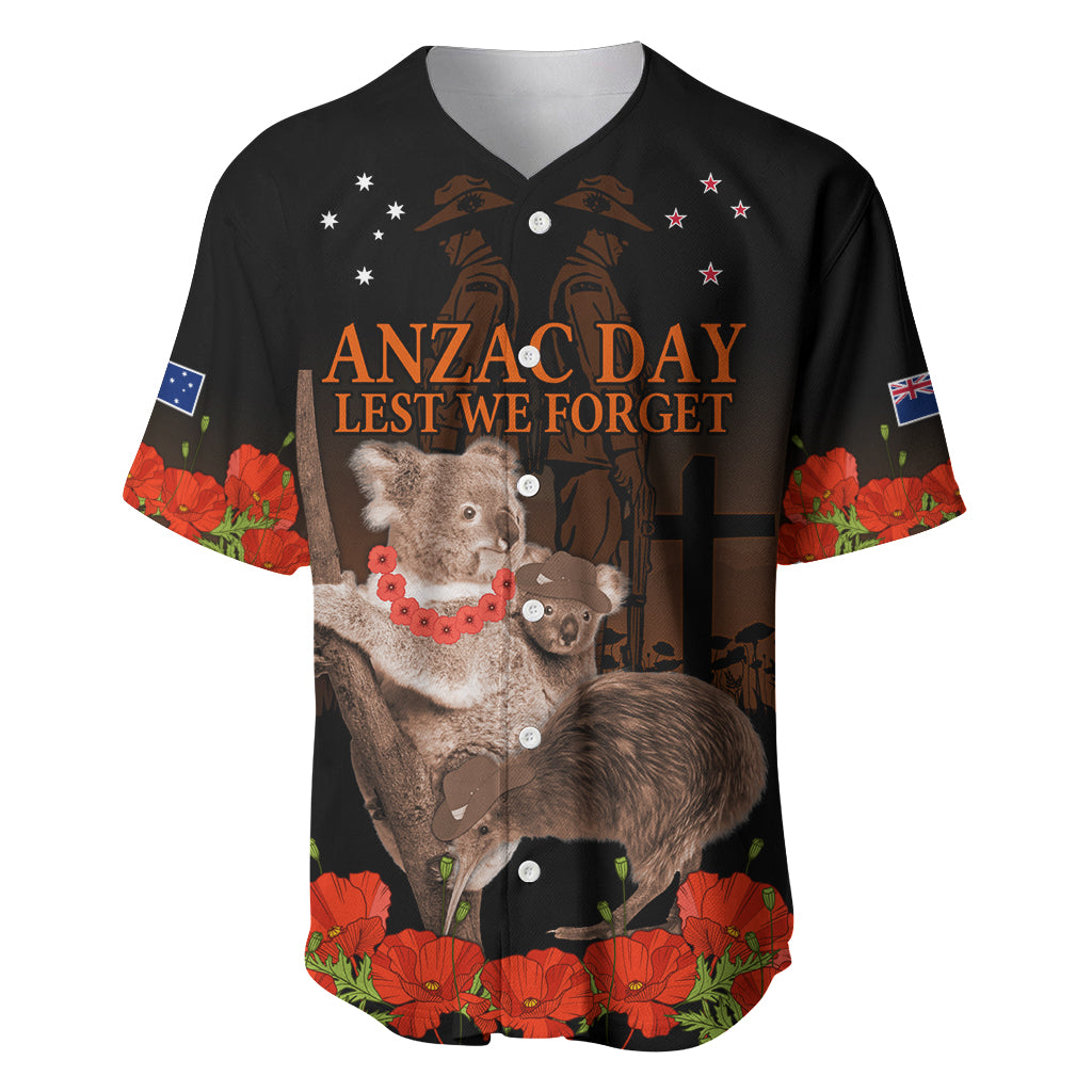 Koala and Kiwi Bird ANZAC Day Custom Baseball Jersey Soldier Style LT9 Black - Polynesian Pride