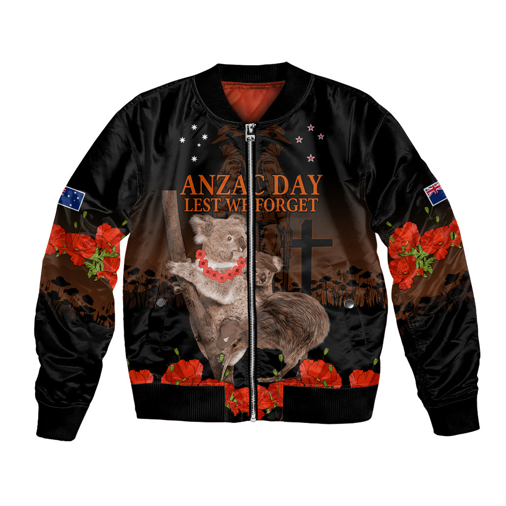 Koala and Kiwi Bird ANZAC Day Custom Bomber Jacket Soldier Style LT9 Unisex Black - Polynesian Pride