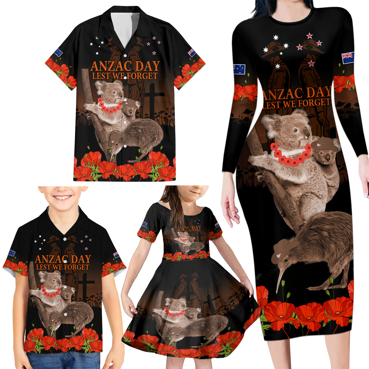 Koala and Kiwi Bird ANZAC Day Custom Family Matching Long Sleeve Bodycon Dress and Hawaiian Shirt Soldier Style LT9 - Polynesian Pride