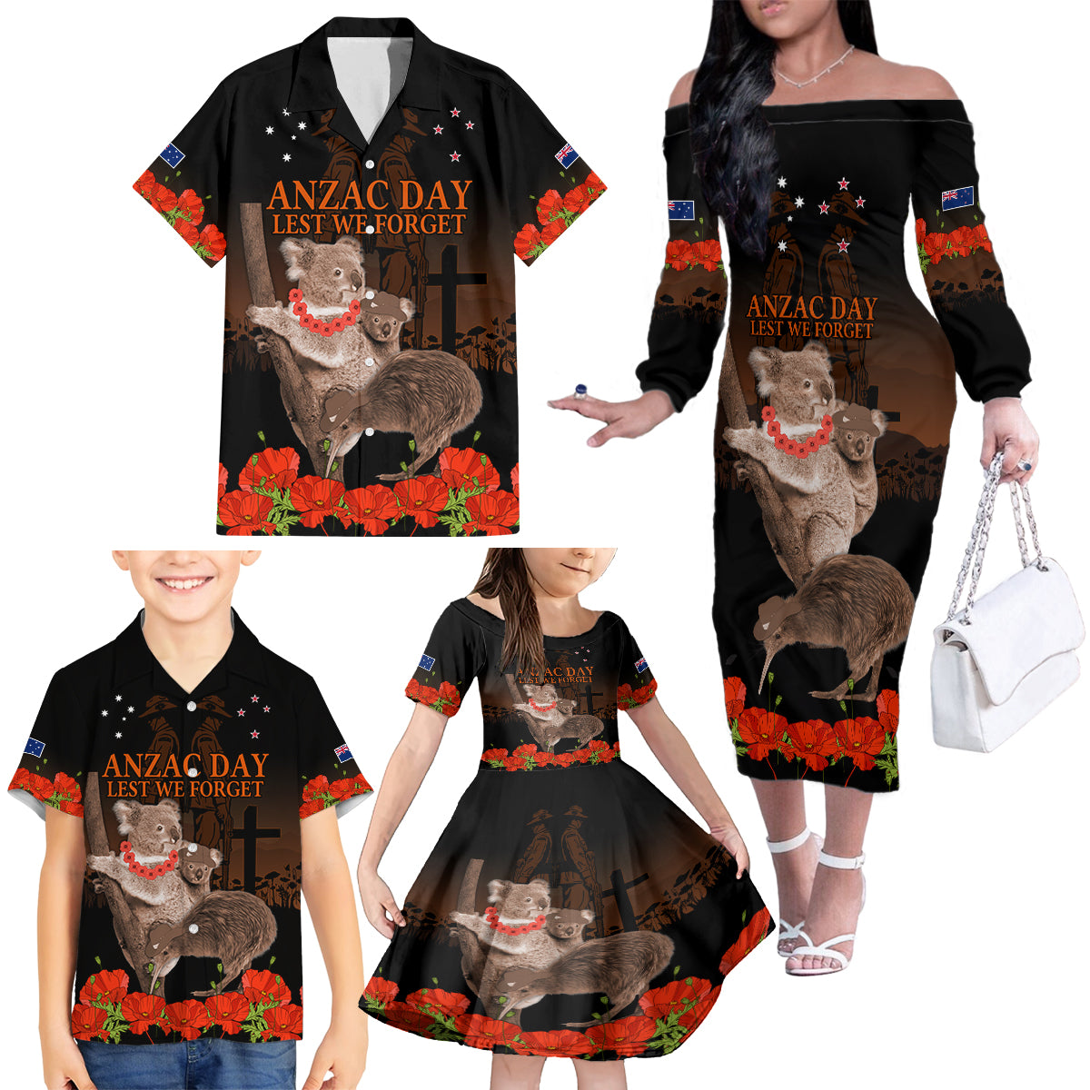 Koala and Kiwi Bird ANZAC Day Custom Family Matching Off Shoulder Long Sleeve Dress and Hawaiian Shirt Soldier Style LT9 - Polynesian Pride