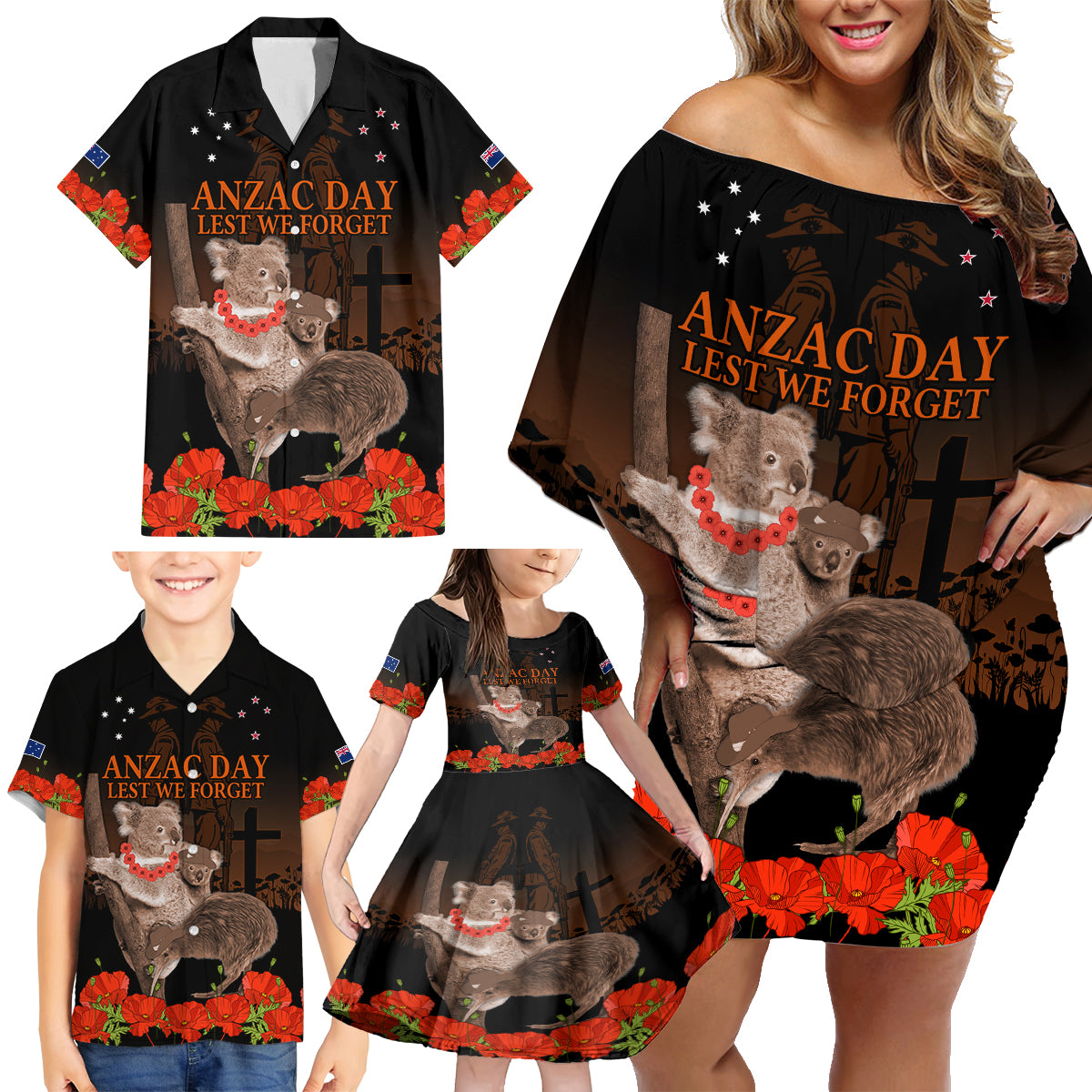 Koala and Kiwi Bird ANZAC Day Custom Family Matching Off Shoulder Short Dress and Hawaiian Shirt Soldier Style LT9 - Polynesian Pride