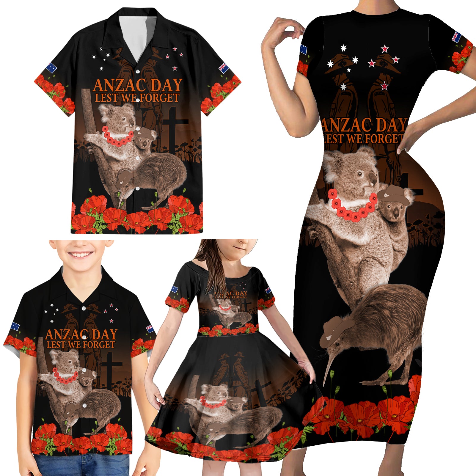 Koala and Kiwi Bird ANZAC Day Custom Family Matching Short Sleeve Bodycon Dress and Hawaiian Shirt Soldier Style LT9 - Polynesian Pride