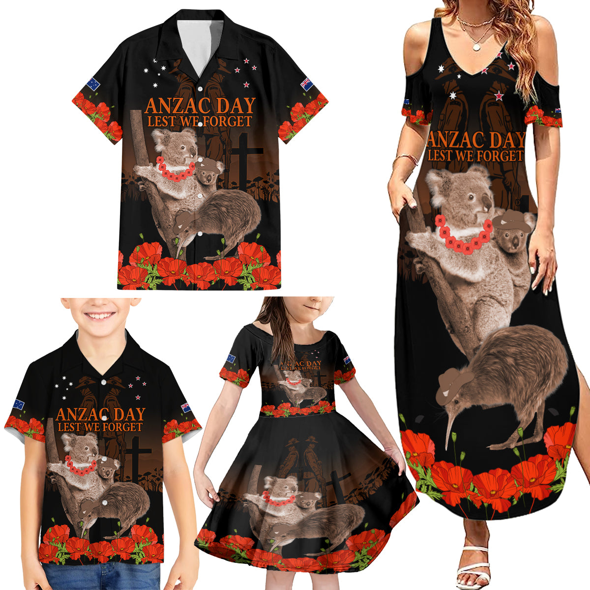 Koala and Kiwi Bird ANZAC Day Custom Family Matching Summer Maxi Dress and Hawaiian Shirt Soldier Style LT9 - Polynesian Pride