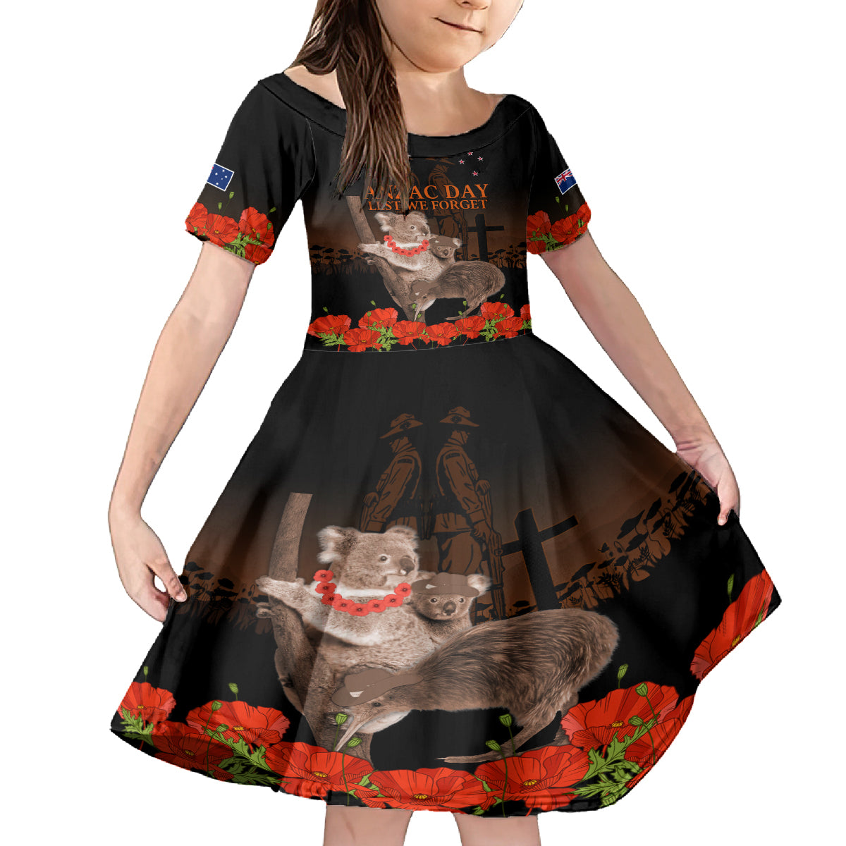 Koala and Kiwi Bird ANZAC Day Custom Kid Short Sleeve Dress Soldier Style LT9 KID Black - Polynesian Pride