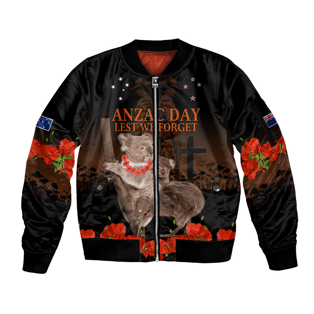 Koala and Kiwi Bird ANZAC Day Custom Sleeve Zip Bomber Jacket Soldier Style LT9 Unisex Black - Polynesian Pride