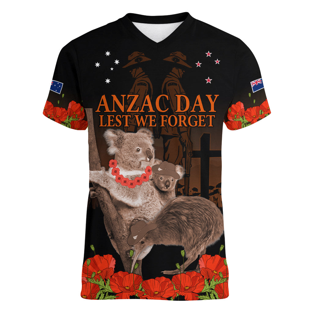 Koala and Kiwi Bird ANZAC Day Custom Women V Neck T Shirt Soldier Style LT9 Female Black - Polynesian Pride