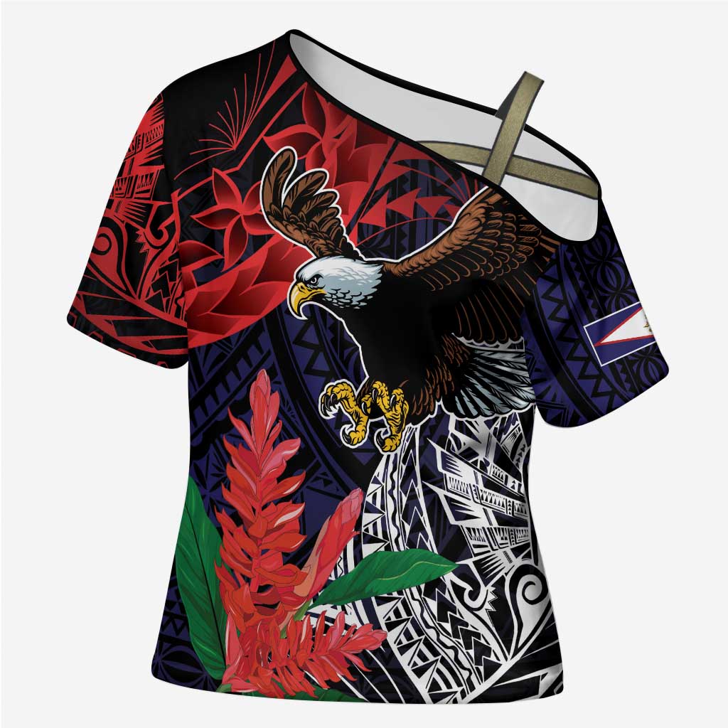 American Samoa Bald Eagle Personalized Cross Shoulder Shirt Samoa Muamua Le Atua LT9 Female Blue - Polynesian Pride