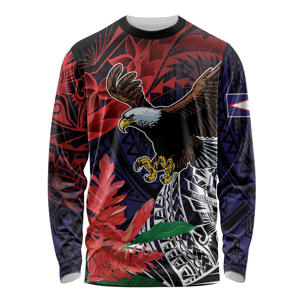 American Samoa Bald Eagle Personalized Long Sleeve Shirt Samoa Muamua Le Atua LT9 Unisex Blue - Polynesian Pride