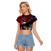American Samoa Bald Eagle Personalized Raglan Cropped T Shirt Samoa Muamua Le Atua LT9 Female Blue - Polynesian Pride