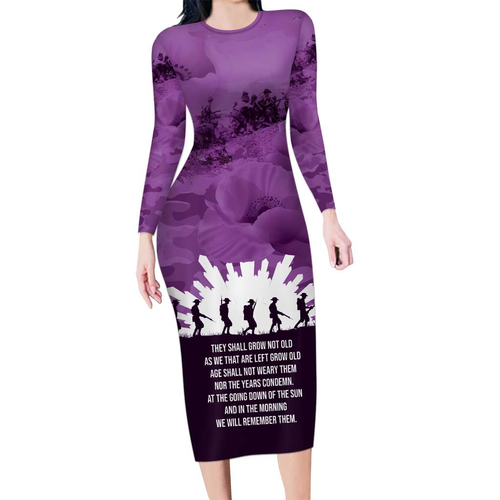 Anzac Day Gallipoli Personalised Long Sleeve Bodycon Dress Purple Poppy Flowers LT9 Long Dress Purple - Polynesian Pride