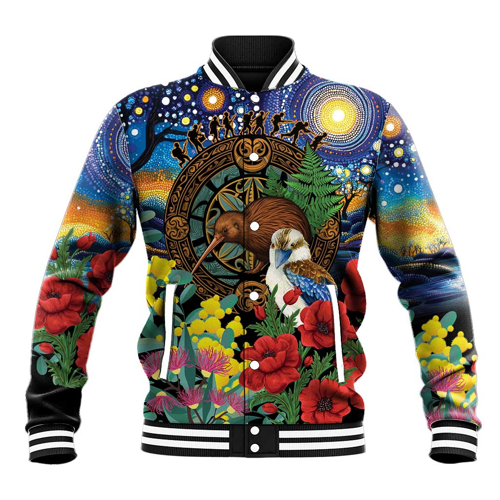 Kiwi-Kookaburra Bird ANZAC Personalised Baseball Jacket Aussie Golden Wattle Poppy Flowers LT9 Unisex Blue - Polynesian Pride
