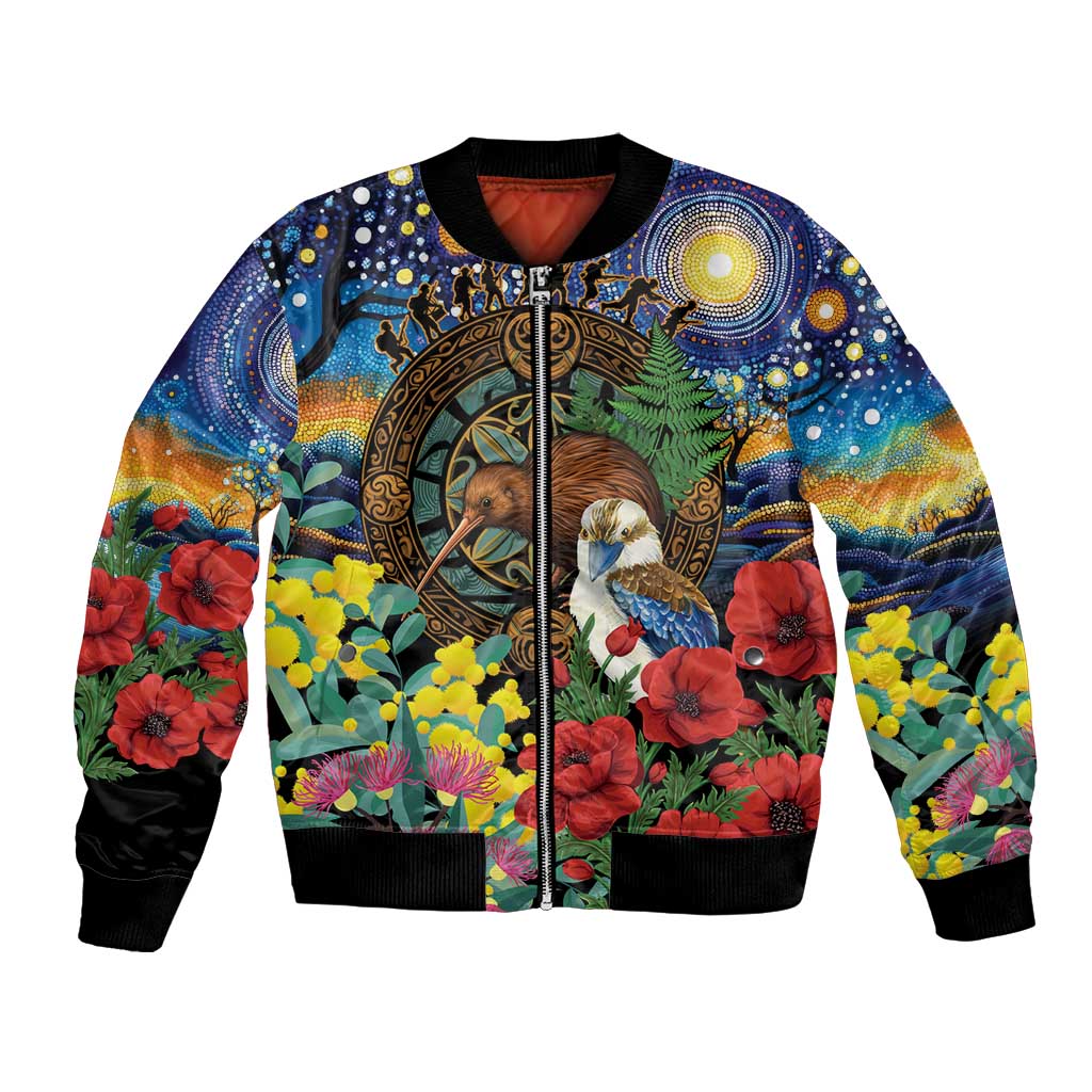 Kiwi-Kookaburra Bird ANZAC Personalised Bomber Jacket Aussie Golden Wattle Poppy Flowers LT9 Unisex Blue - Polynesian Pride