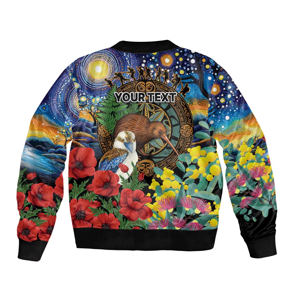 Kiwi-Kookaburra Bird ANZAC Personalised Bomber Jacket Aussie Golden Wattle Poppy Flowers LT9 - Polynesian Pride