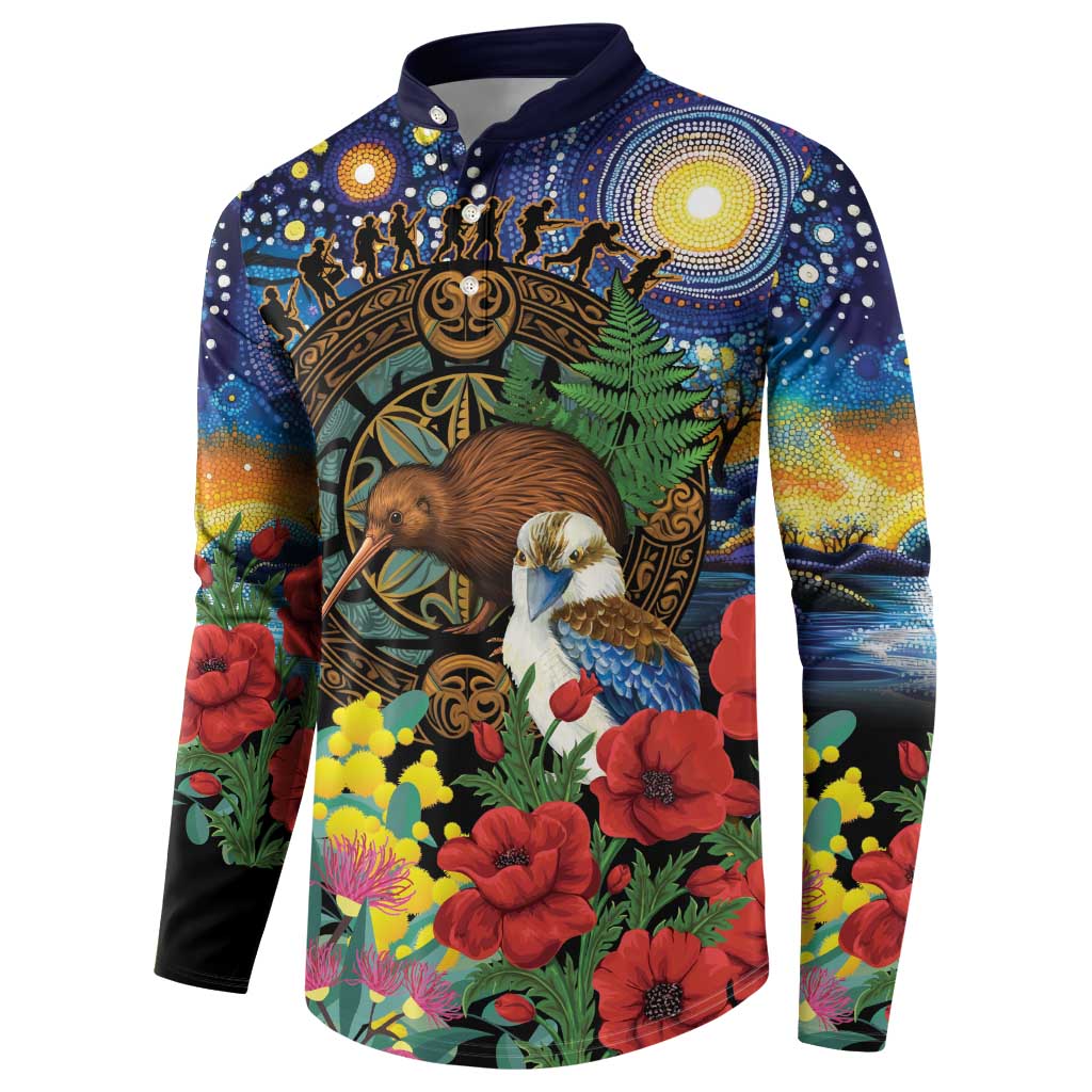 Kiwi-Kookaburra Bird ANZAC Personalised Button Sweatshirt Aussie Golden Wattle Poppy Flowers LT9 - Polynesian Pride