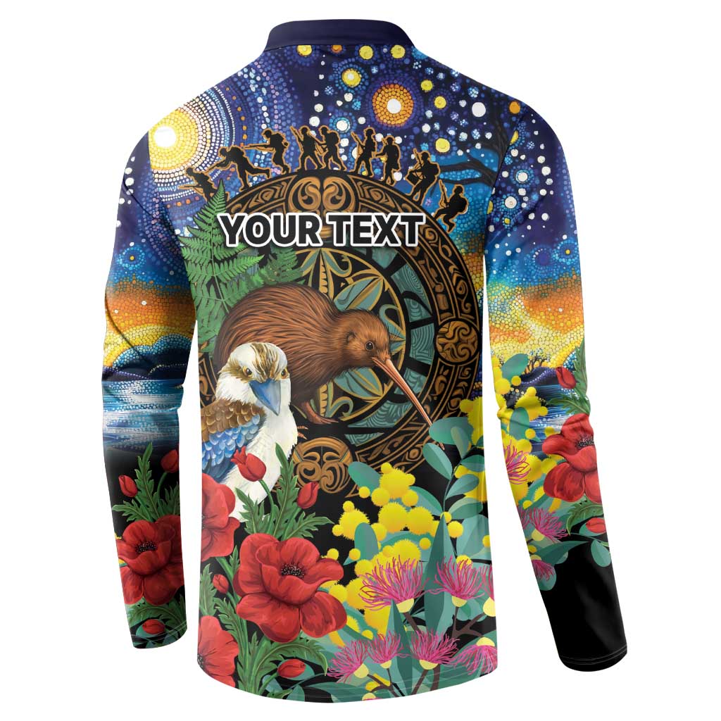Kiwi-Kookaburra Bird ANZAC Personalised Button Sweatshirt Aussie Golden Wattle Poppy Flowers LT9 - Polynesian Pride