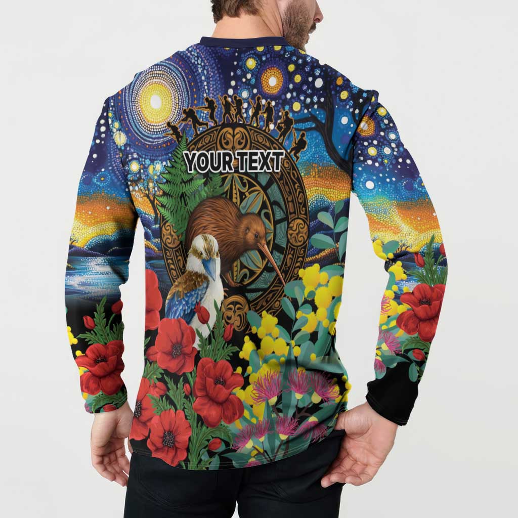 Kiwi-Kookaburra Bird ANZAC Personalised Button Sweatshirt Aussie Golden Wattle Poppy Flowers LT9 - Polynesian Pride