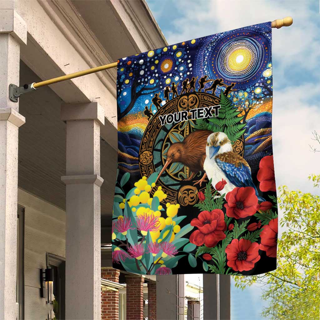 Kiwi-Kookaburra Bird ANZAC Personalised Garden Flag Aussie Golden Wattle Poppy Flowers LT9 House Flag Blue - Polynesian Pride