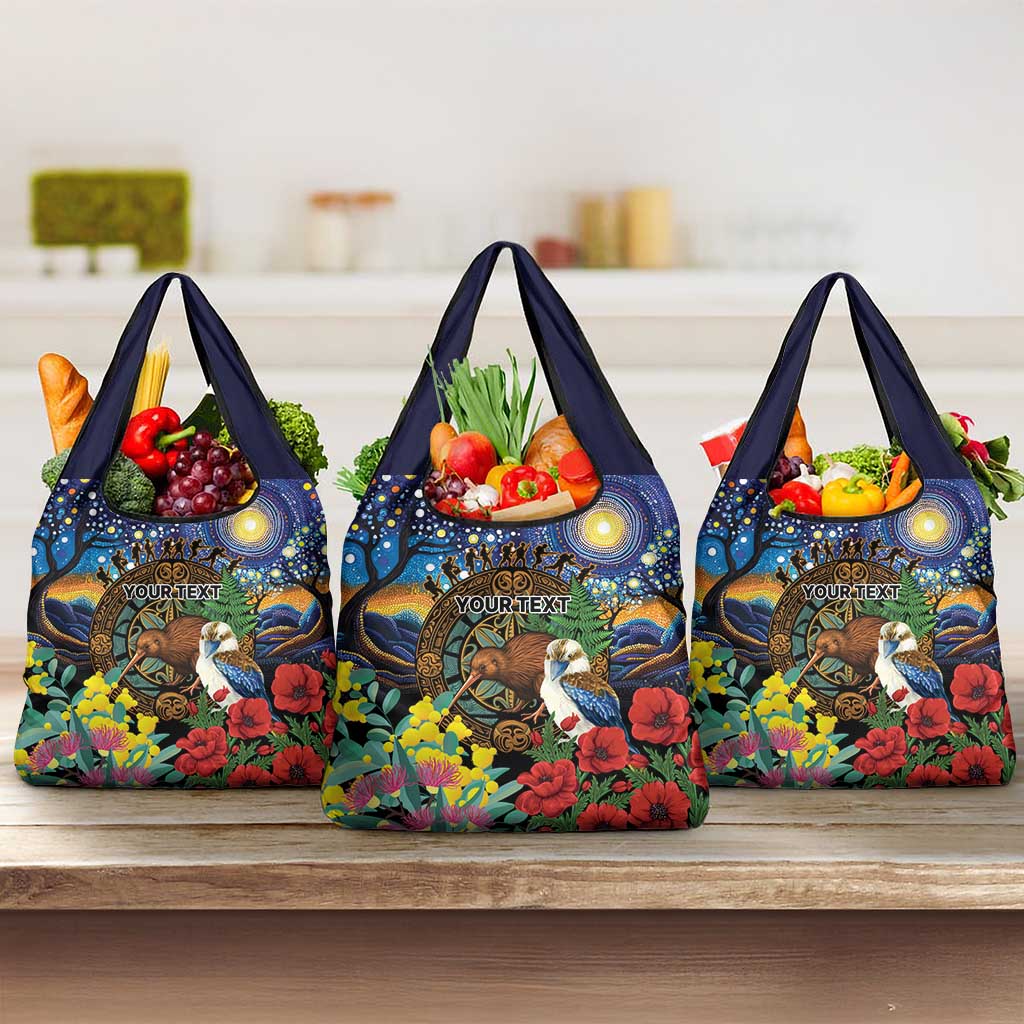 Kiwi-Kookaburra Bird ANZAC Personalised Grocery Bag Aussie Golden Wattle Poppy Flowers LT9 3-pack One Size Blue - Polynesian Pride
