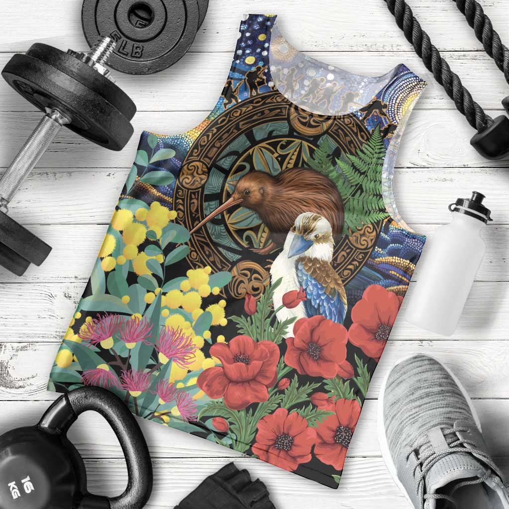Kiwi-Kookaburra Bird ANZAC Personalised Men Tank Top Aussie Golden Wattle Poppy Flowers LT9 - Polynesian Pride
