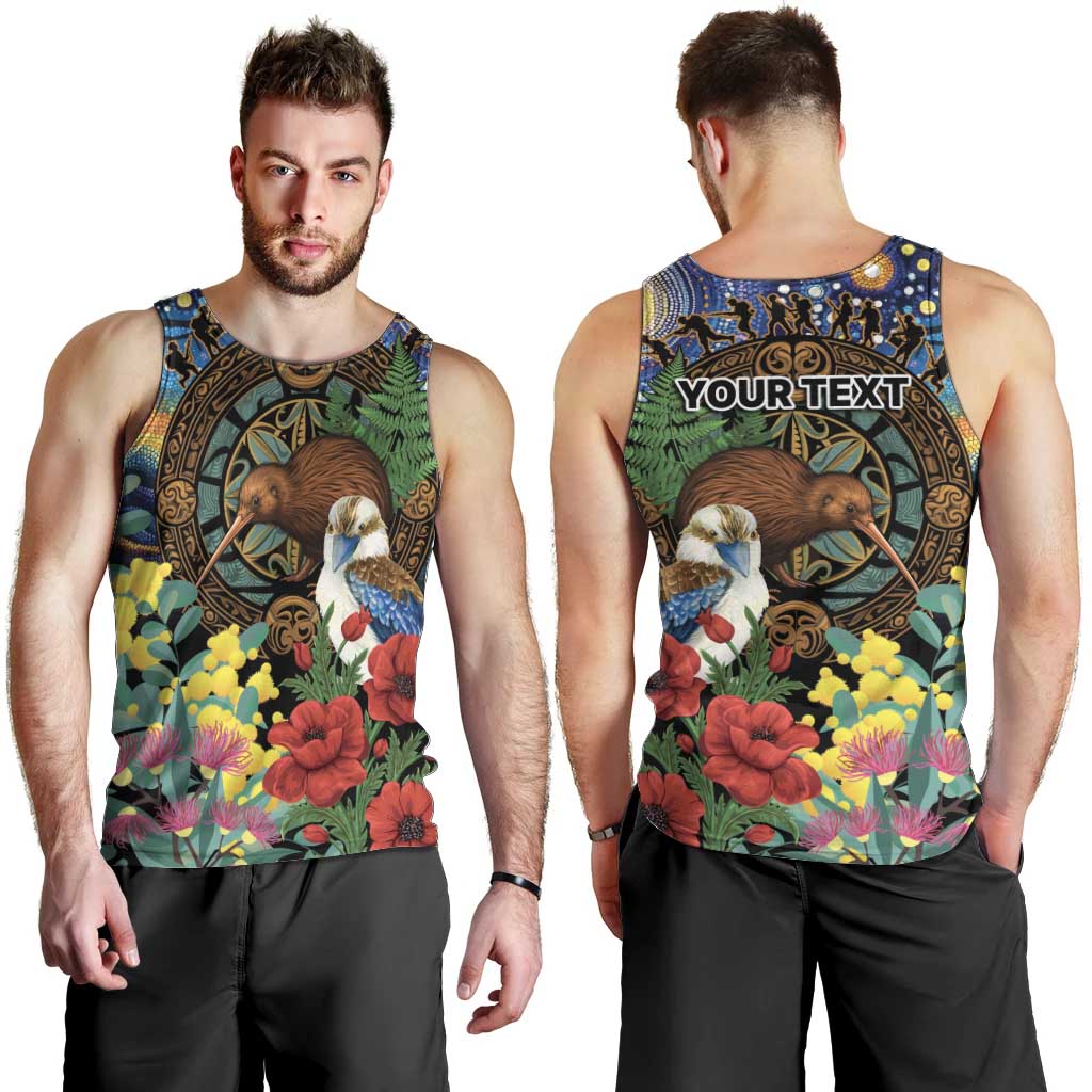 Kiwi-Kookaburra Bird ANZAC Personalised Men Tank Top Aussie Golden Wattle Poppy Flowers LT9 - Polynesian Pride