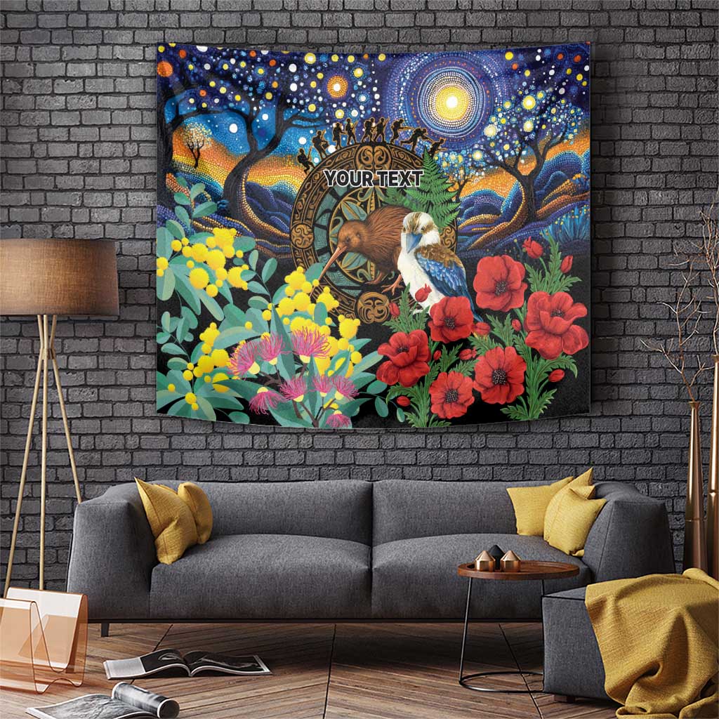 Kiwi-Kookaburra Bird ANZAC Personalised Tapestry Aussie Golden Wattle Poppy Flowers LT9 Blue - Polynesian Pride