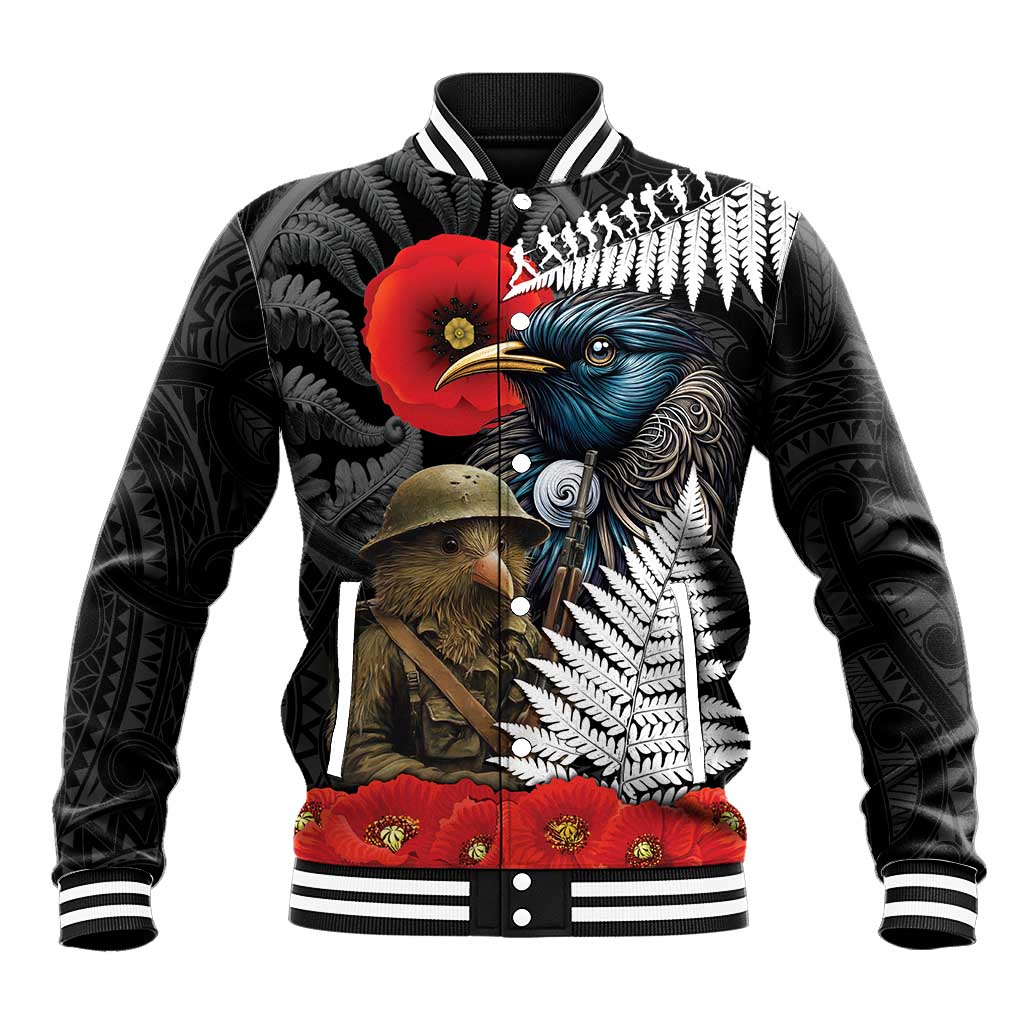 Kiwi-Tui Bird Soldier ANZAC Day Personalised Baseball Jacket Maori Silver Fern Motif LT9 Unisex Black - Polynesian Pride